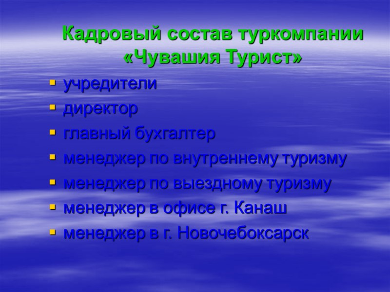 Кадровый состав туркомпании  «Чувашия Турист»  учредители  директор  главный бухгалтер 
